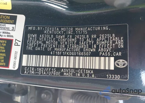 2016 Toyota Camry Se z USA, uszkodzony, nr VIN 4T1BF1FK0GU166507